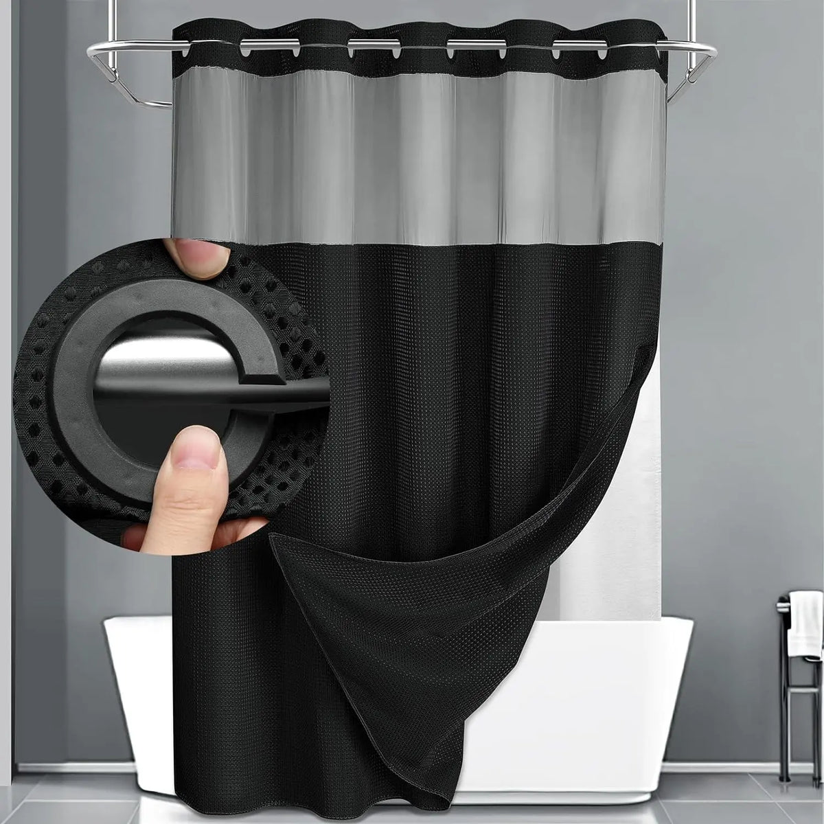 72 x 75 Inch Waffle Weave Shower Curtain with Snap-In Washable Liner, Waterproof Double-Layer Bathroom Curtain, No-Hook Design
