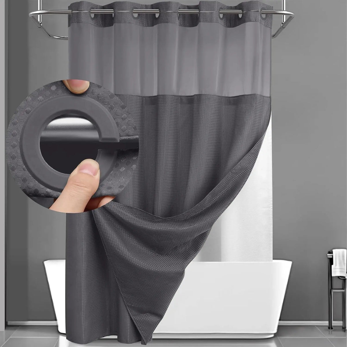72 x 75 Inch Waffle Weave Shower Curtain with Snap-In Washable Liner, Waterproof Double-Layer Bathroom Curtain, No-Hook Design