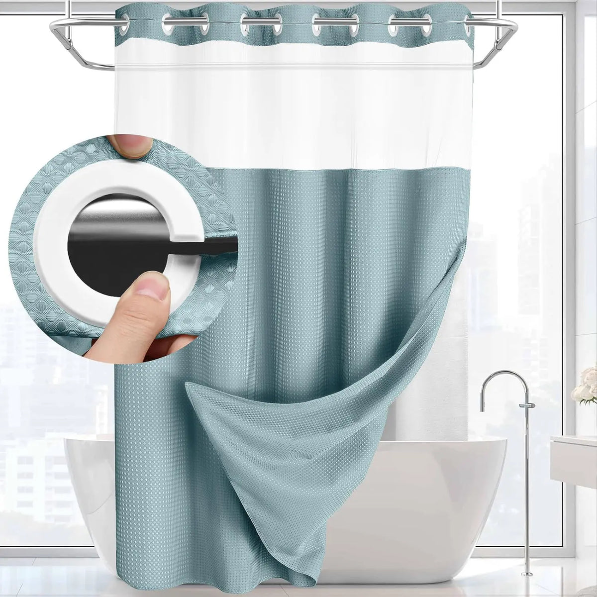 72 x 75 Inch Waffle Weave Shower Curtain with Snap-In Washable Liner, Waterproof Double-Layer Bathroom Curtain, No-Hook Design