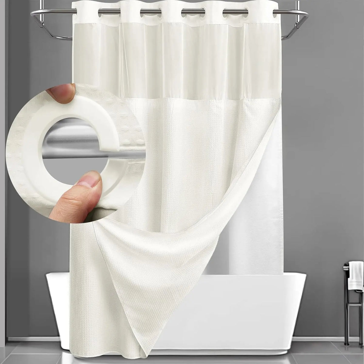 72 x 75 Inch Waffle Weave Shower Curtain with Snap-In Washable Liner, Waterproof Double-Layer Bathroom Curtain, No-Hook Design