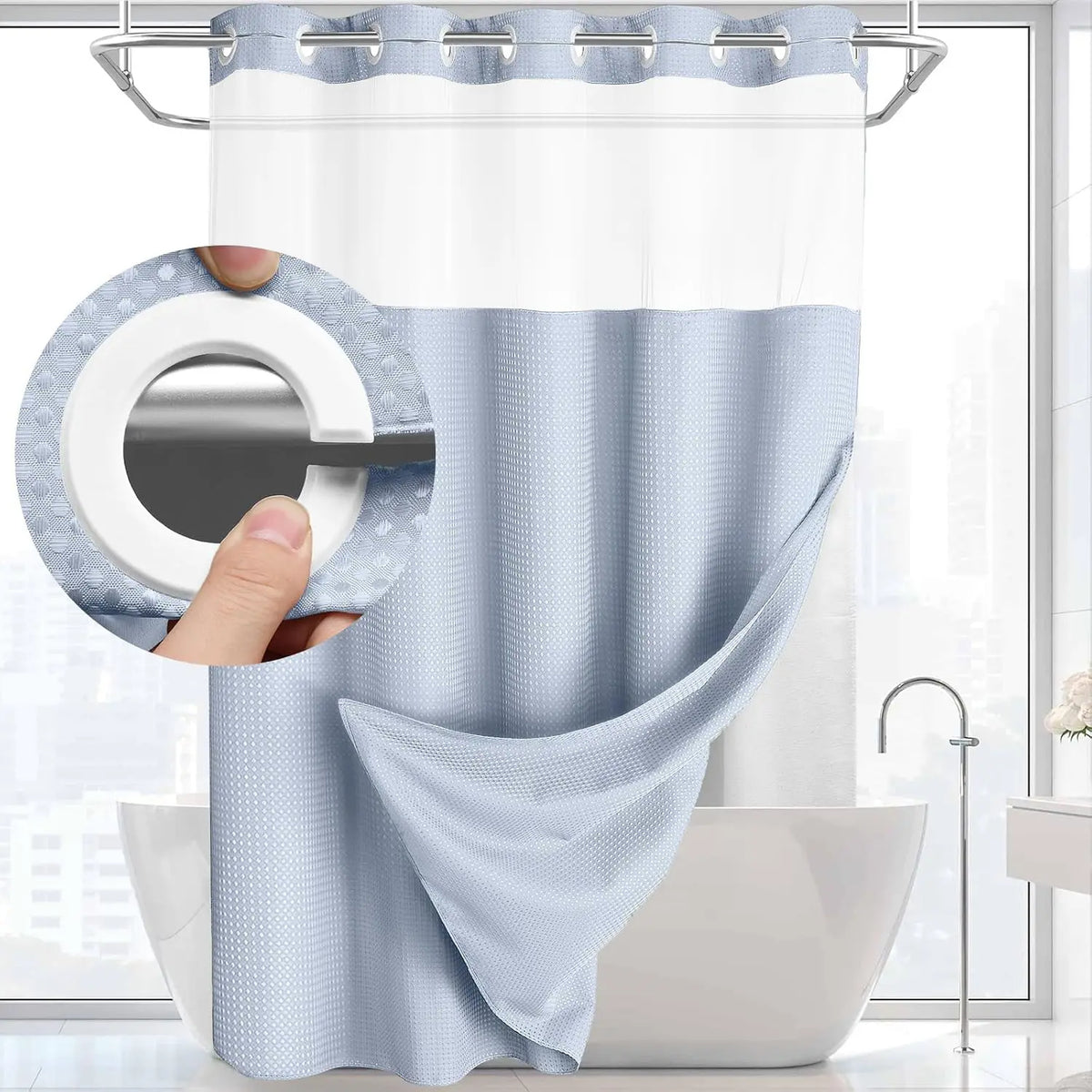 72 x 75 Inch Waffle Weave Shower Curtain with Snap-In Washable Liner, Waterproof Double-Layer Bathroom Curtain, No-Hook Design