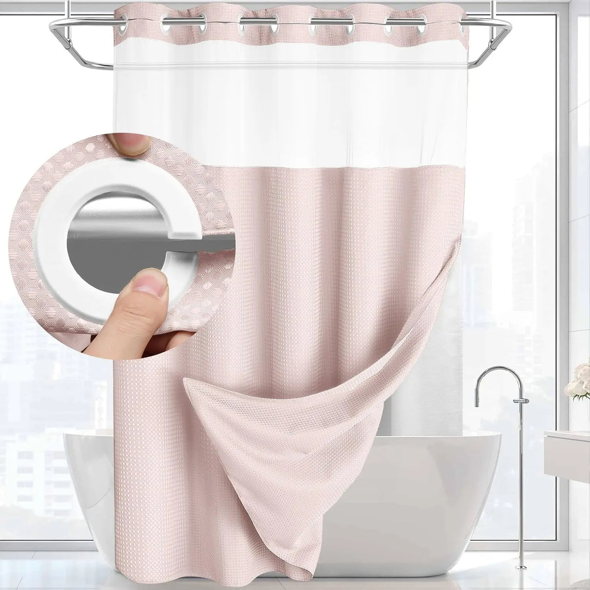 72 x 75 Inch Waffle Weave Shower Curtain with Snap-In Washable Liner, Waterproof Double-Layer Bathroom Curtain, No-Hook Design