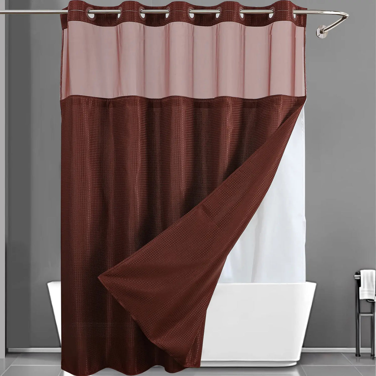 72 x 75 Inch Waffle Weave Shower Curtain with Snap-In Washable Liner, Waterproof Double-Layer Bathroom Curtain, No-Hook Design