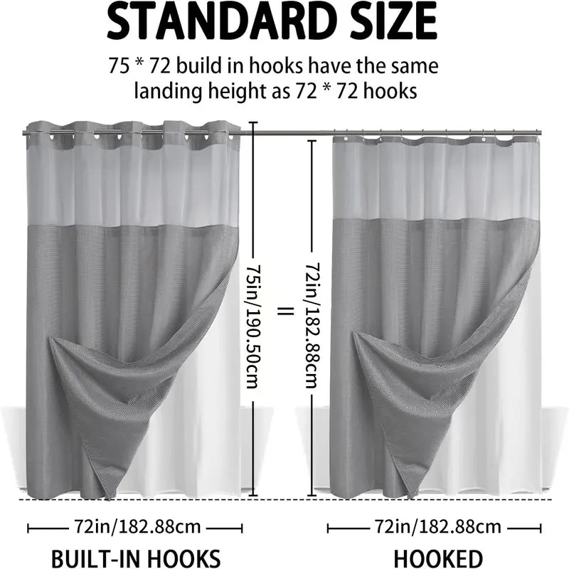 72 x 75 Inch Waffle Weave Shower Curtain with Snap-In Washable Liner, Waterproof Double-Layer Bathroom Curtain, No-Hook Design