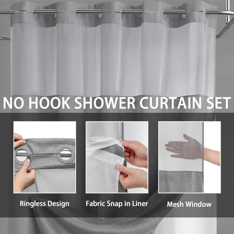 72 x 75 Inch Waffle Weave Shower Curtain with Snap-In Washable Liner, Waterproof Double-Layer Bathroom Curtain, No-Hook Design