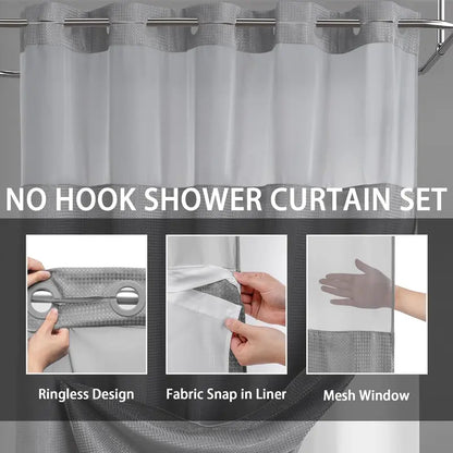 72 x 75 Inch Waffle Weave Shower Curtain with Snap-In Washable Liner, Waterproof Double-Layer Bathroom Curtain, No-Hook Design