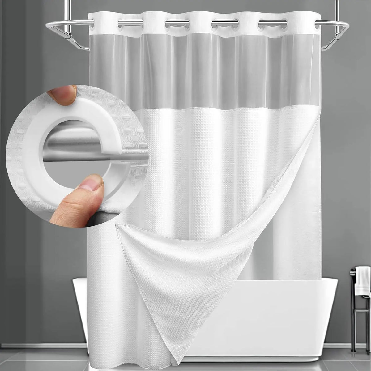 72 x 75 Inch Waffle Weave Shower Curtain with Snap-In Washable Liner, Waterproof Double-Layer Bathroom Curtain, No-Hook Design